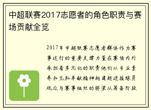 中超联赛2017志愿者的角色职责与赛场贡献全览