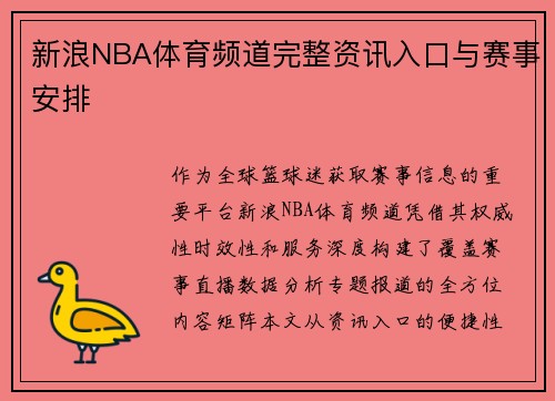 新浪NBA体育频道完整资讯入口与赛事安排